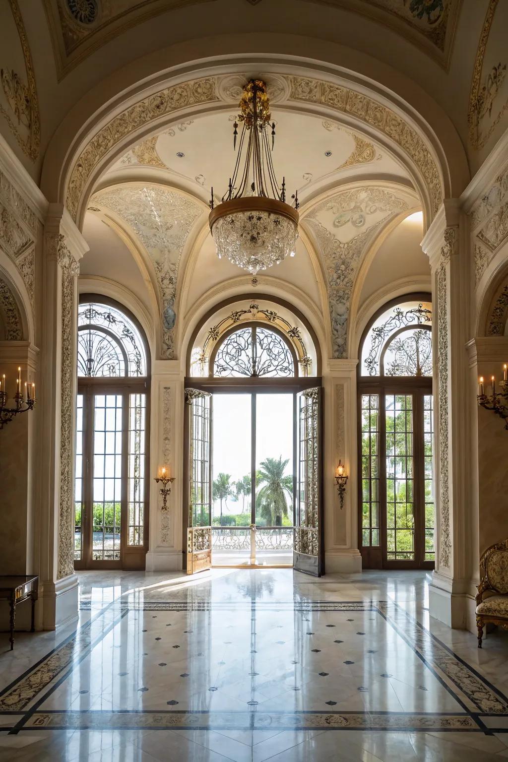 Arched doorways and windows add elegance to a grand foyer.