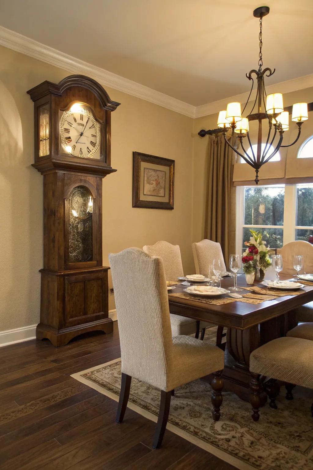 A time-honored timepiece adds a sophisticated touch to a dining room.