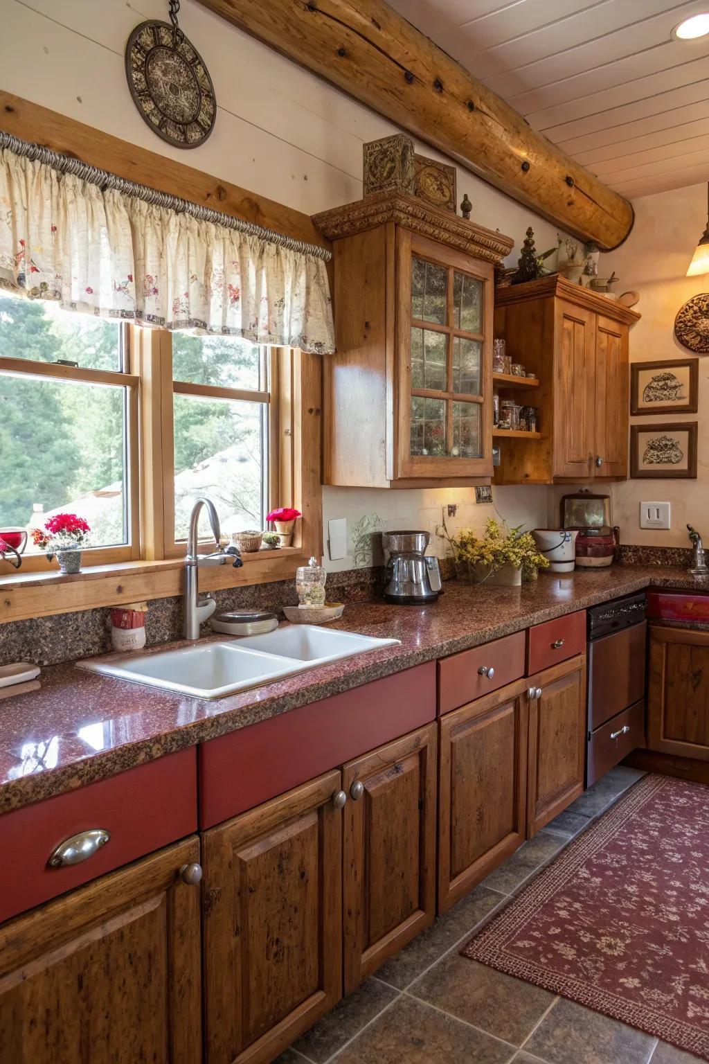 Cherry granite countertops add warmth and rustic charm.