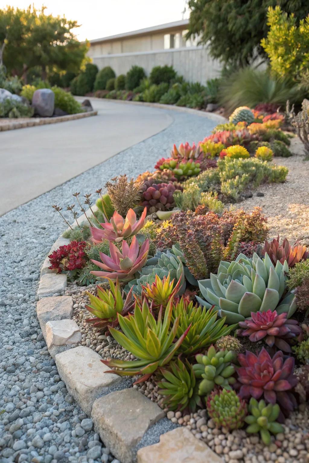A vibrant desert plant oasis in a pebble flower bed