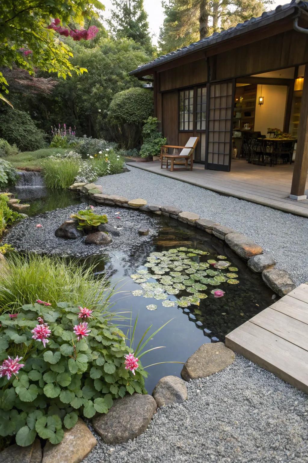 A gravel patio enhanced by a tranquil h2o feature, establishing a serene atmosphere.