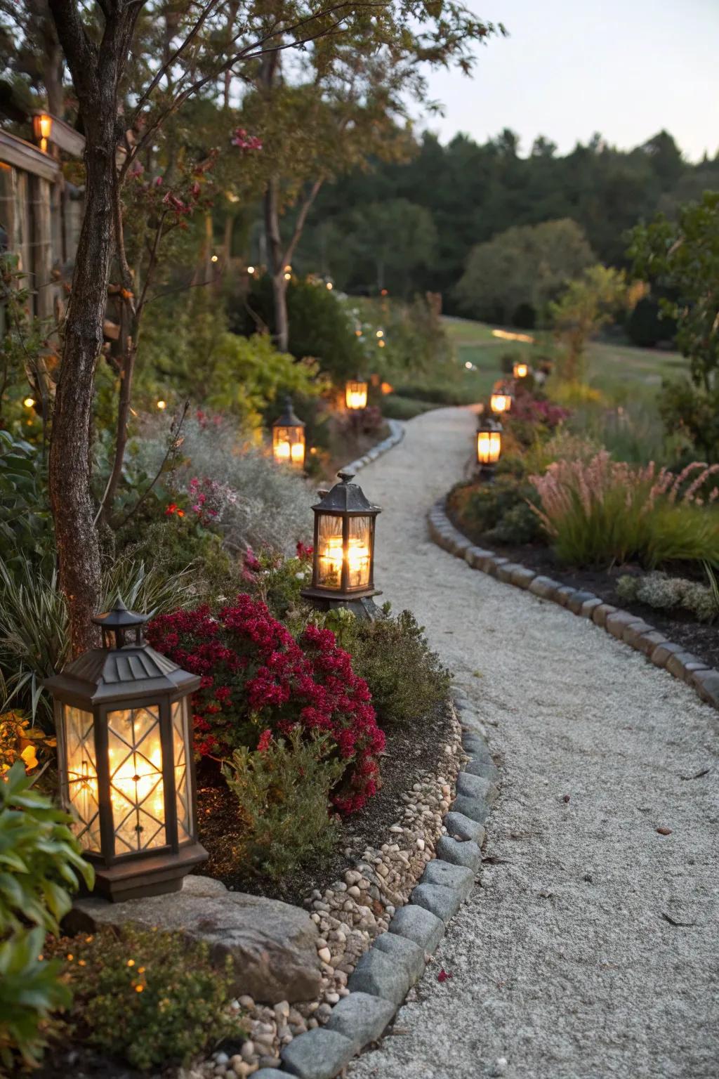 A gravel path illuminated with decorative lanterns