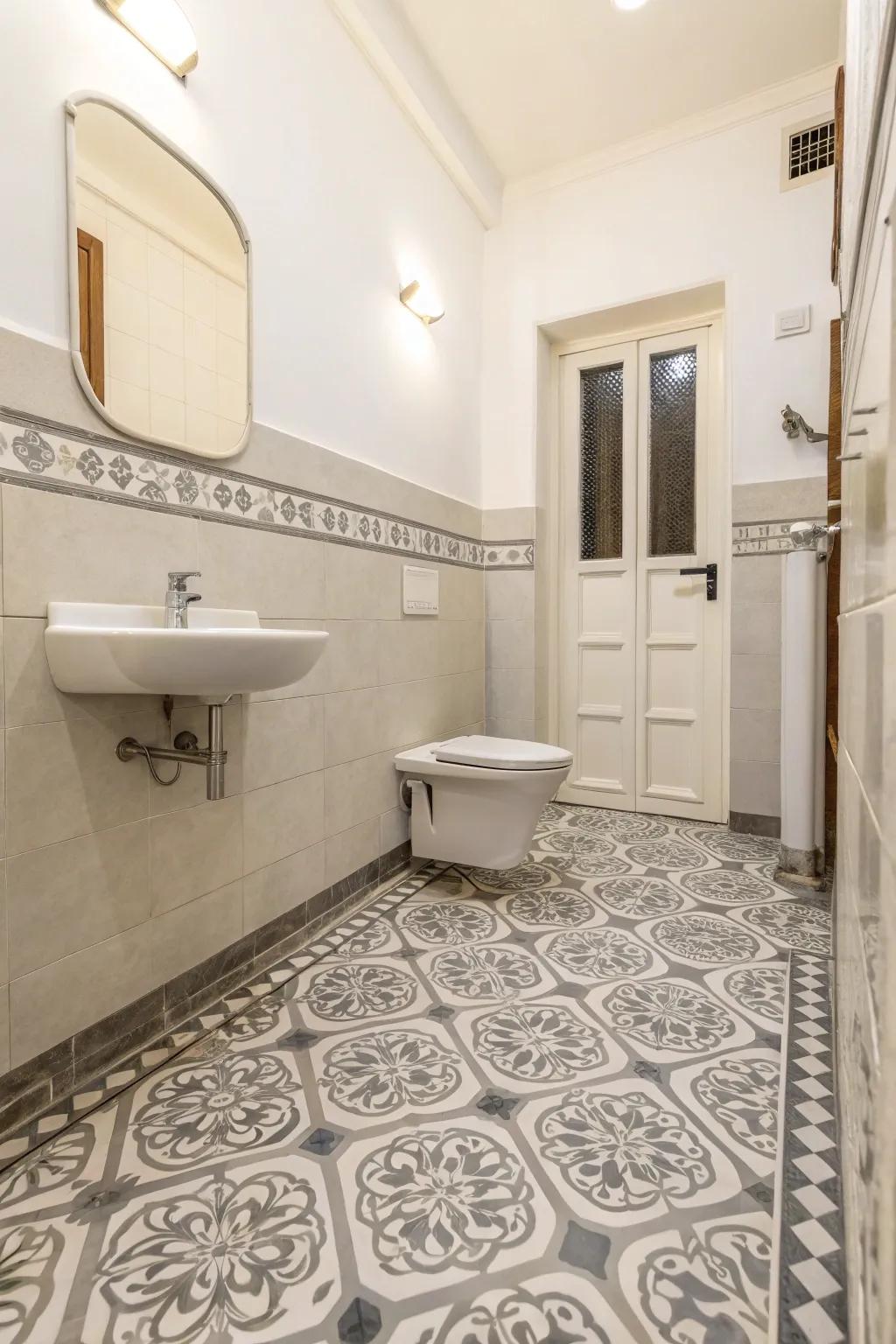 This bathroom design incorporates patterns for an element of fun.