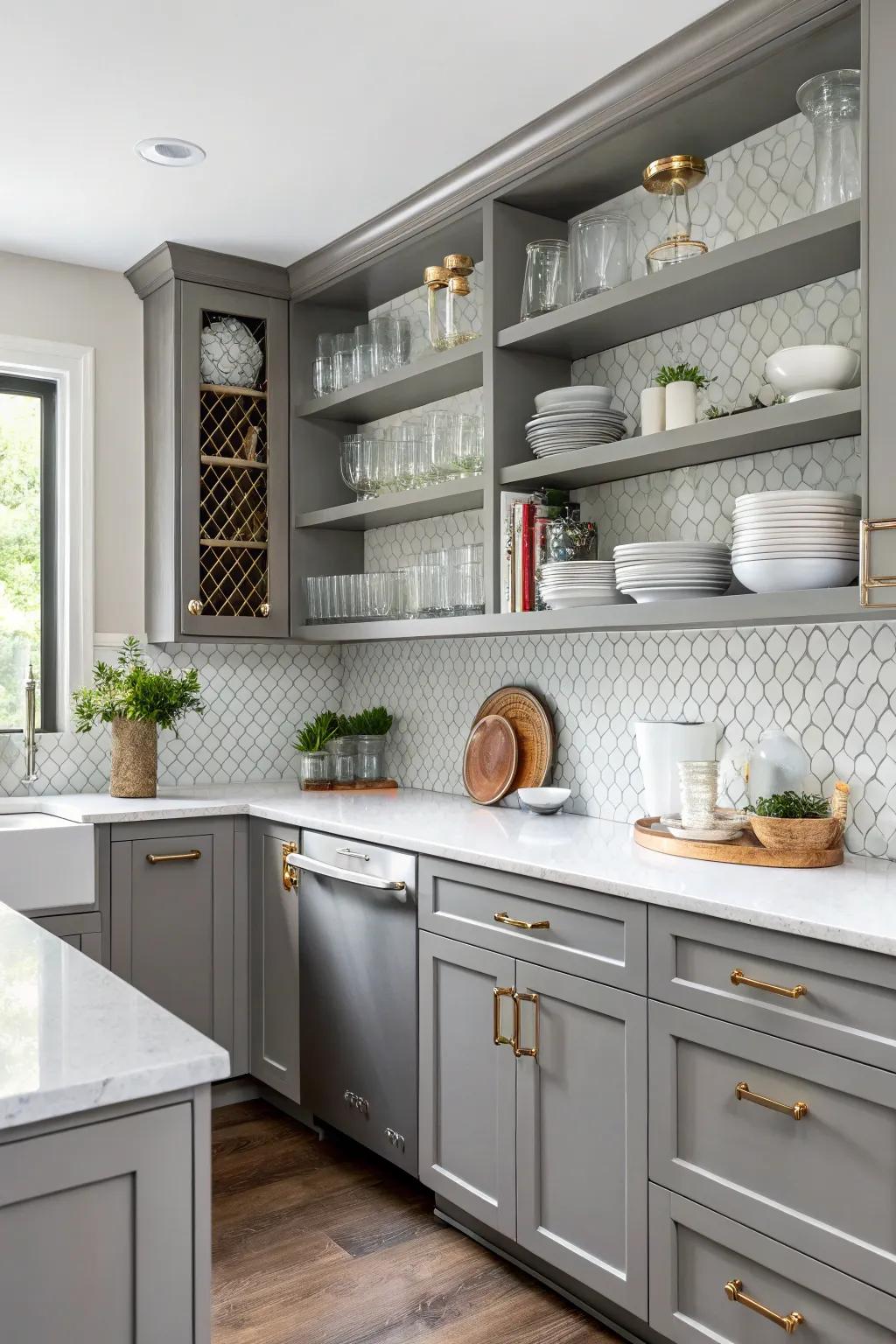Exposed shelving adds charm and functionality to gray cabinets.