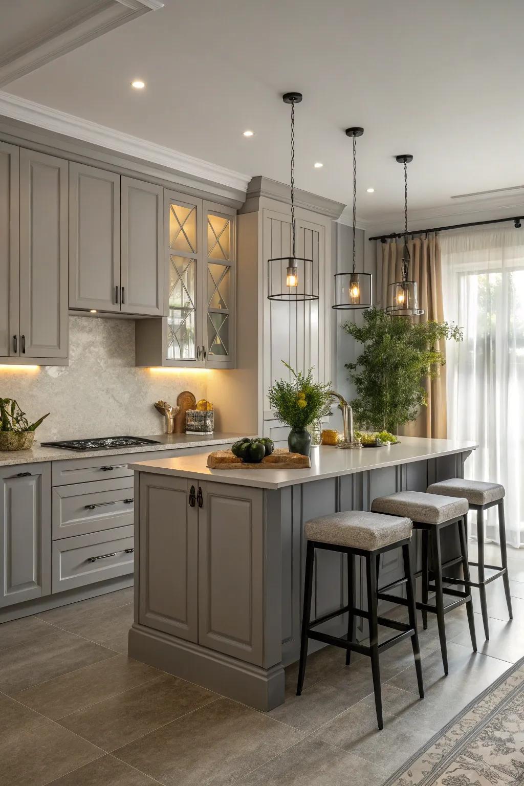 A central unit adds function and style to a gray-themed cooking area.
