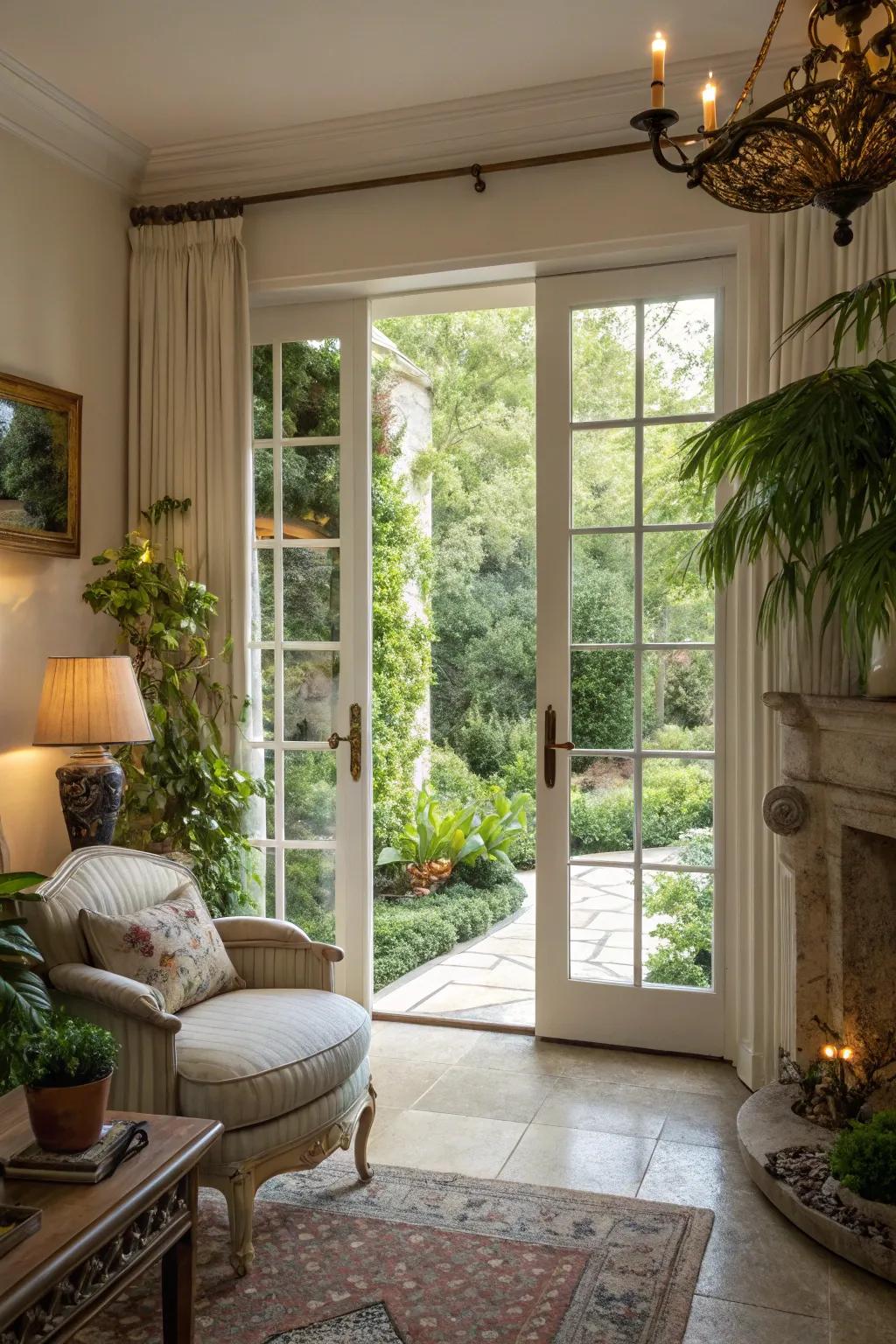 French doors create a seamless passage from the living room into the garden.