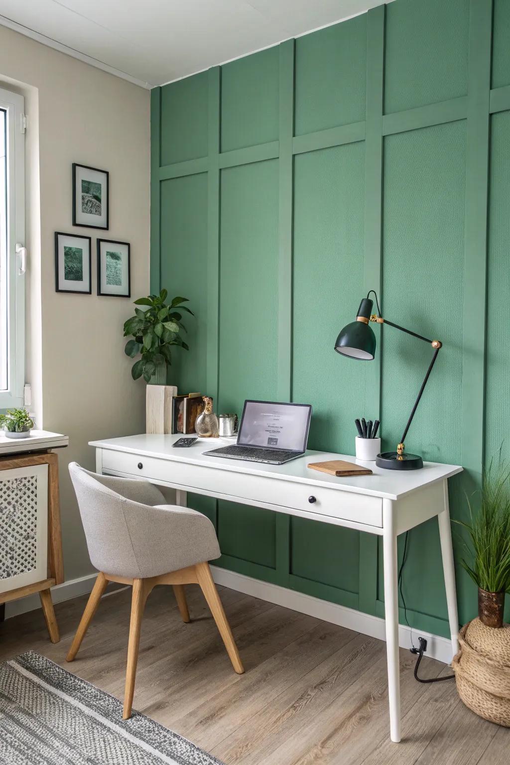 This home office's green accent wall promotes focus and creativity.