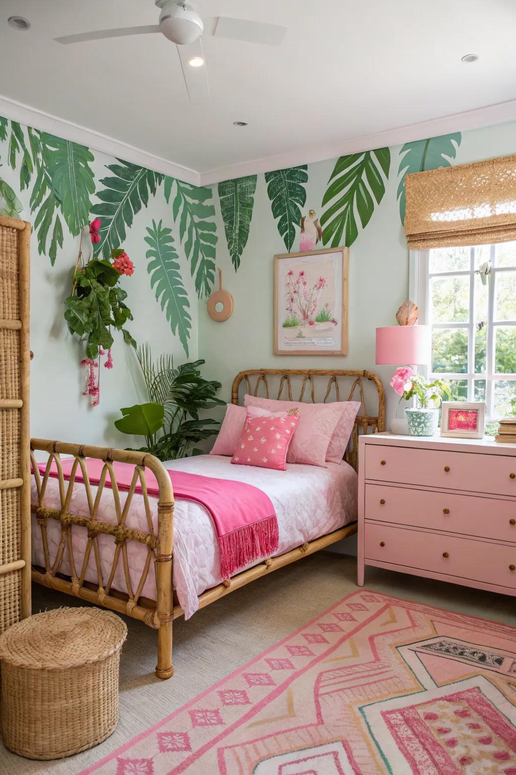 Tropical design paired with rosy accents crafts a soothing retreat.