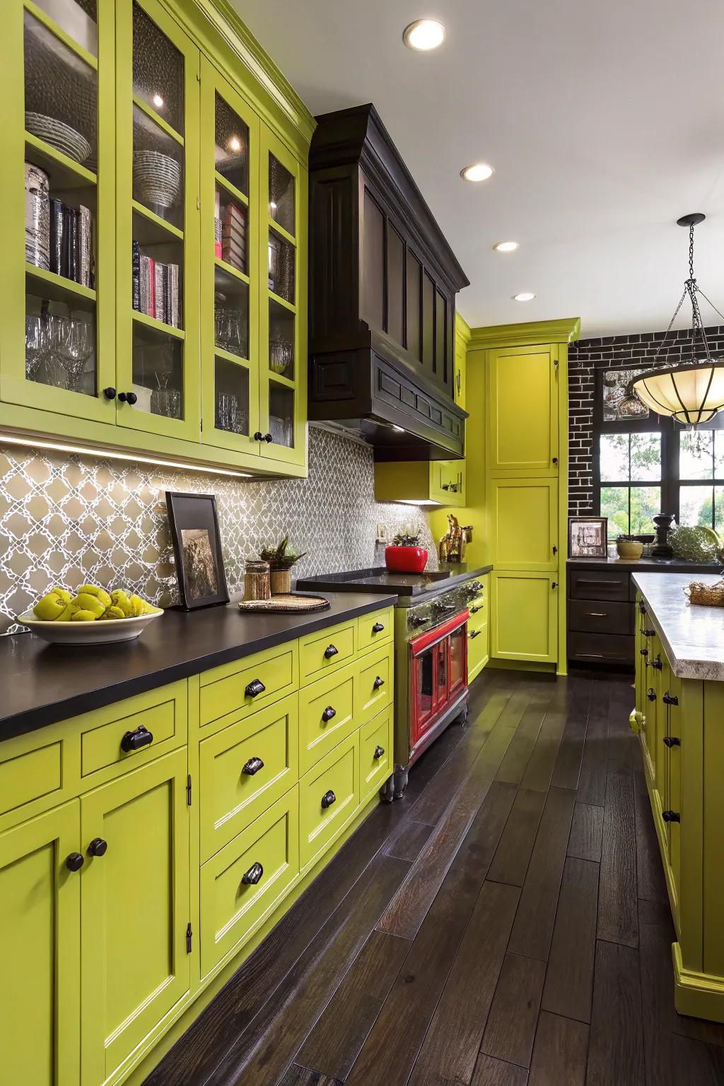 Daring kitchen featuring chartreuse cabinets and contrasting dark wood.