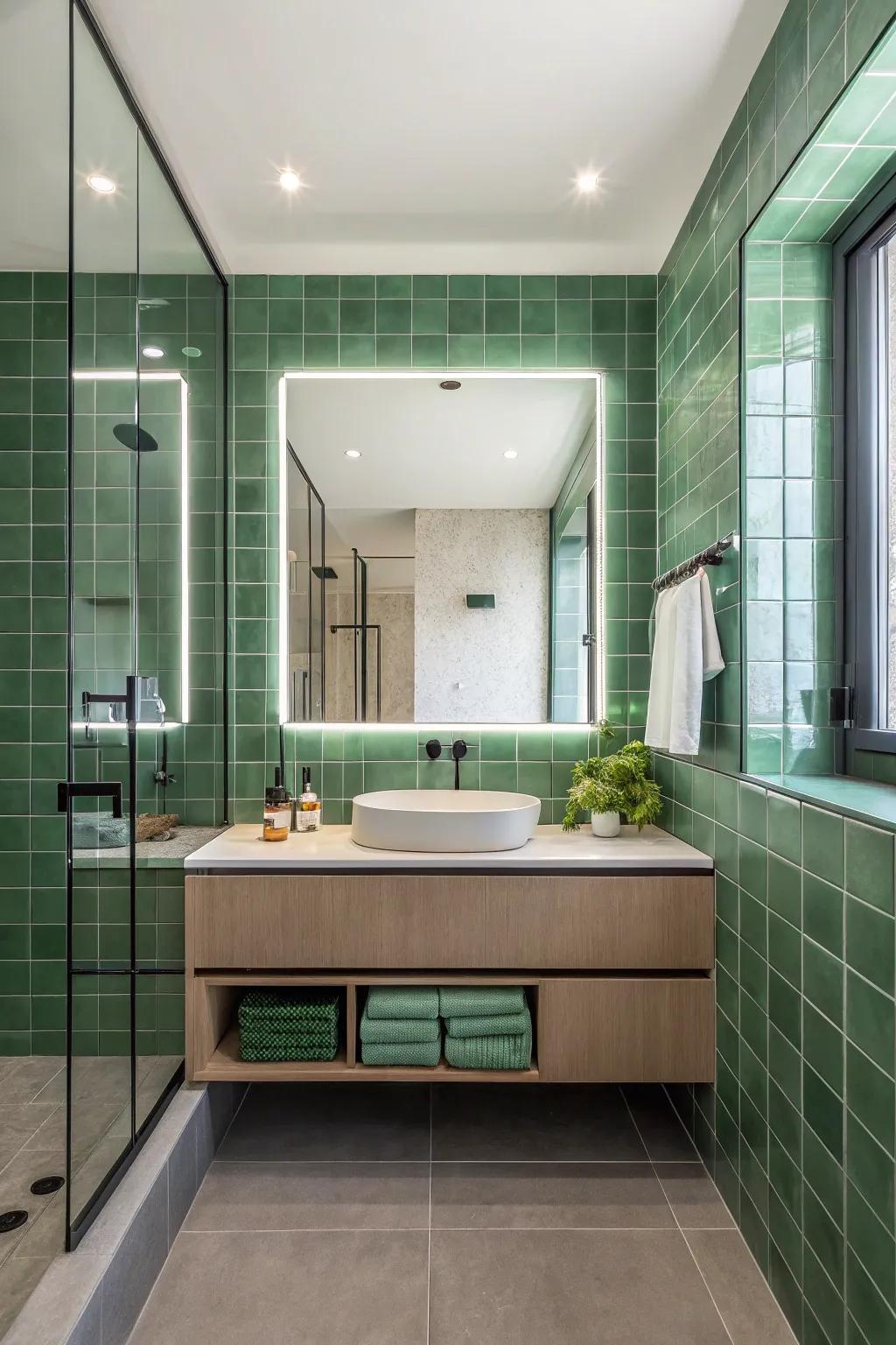 Green coverings and reflective surfaces create a spa-like bathing area retreat.