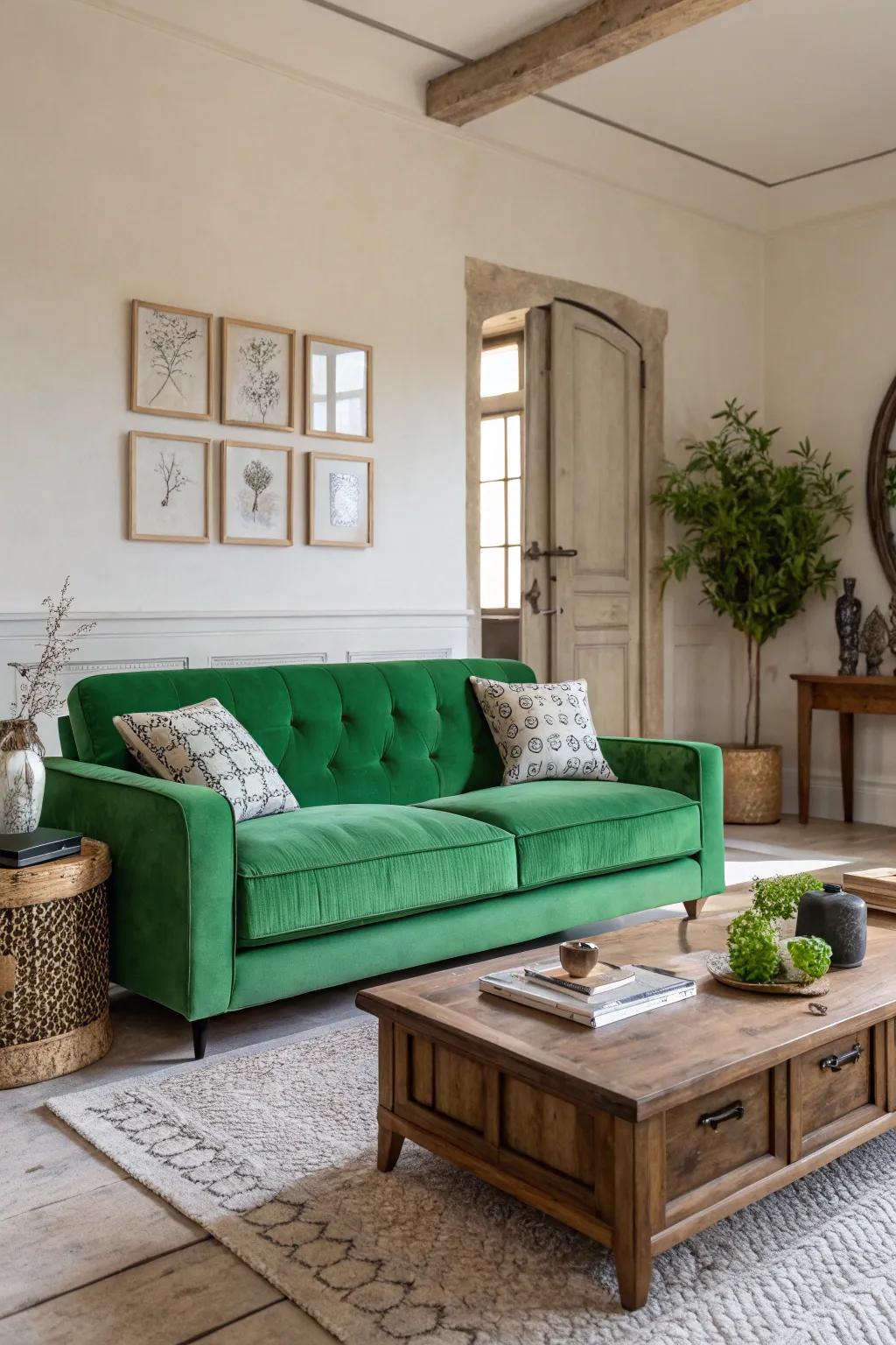 A verdant divan assumes the role of a captivating focal point.