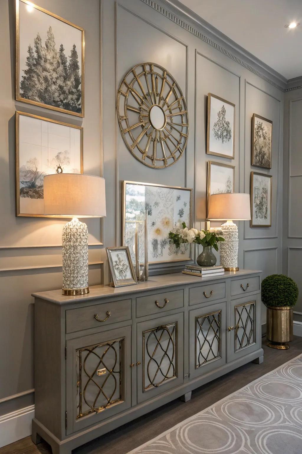 A grey accent wall featuring art and mirrors.