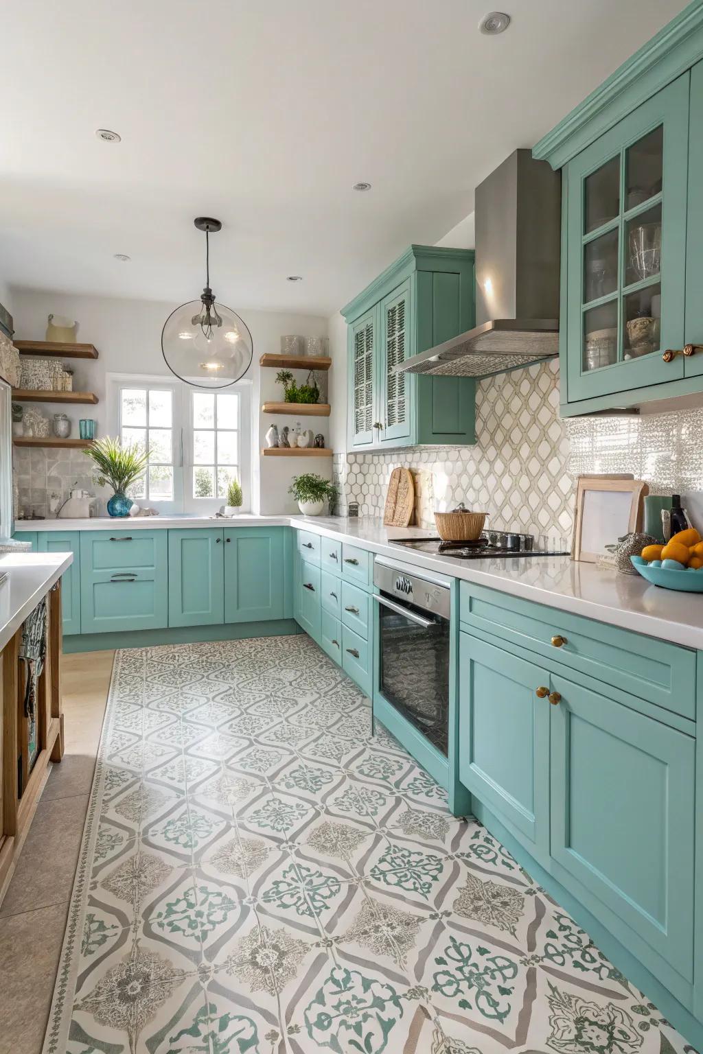 Patterned flooring provides a subtle yet stylish base for the kitchen.