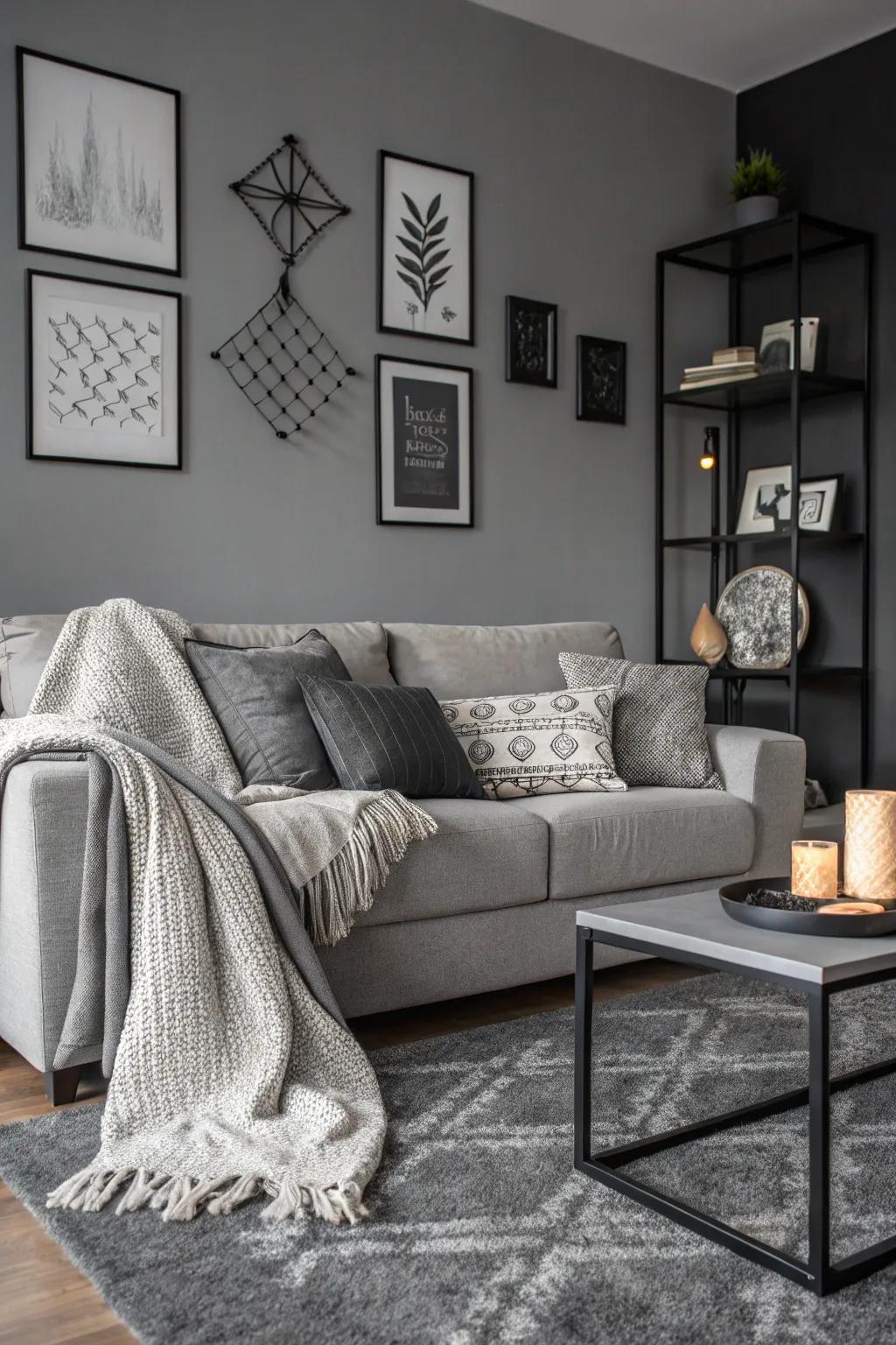 A chic single-color lounge featuring a charcoal sofa.