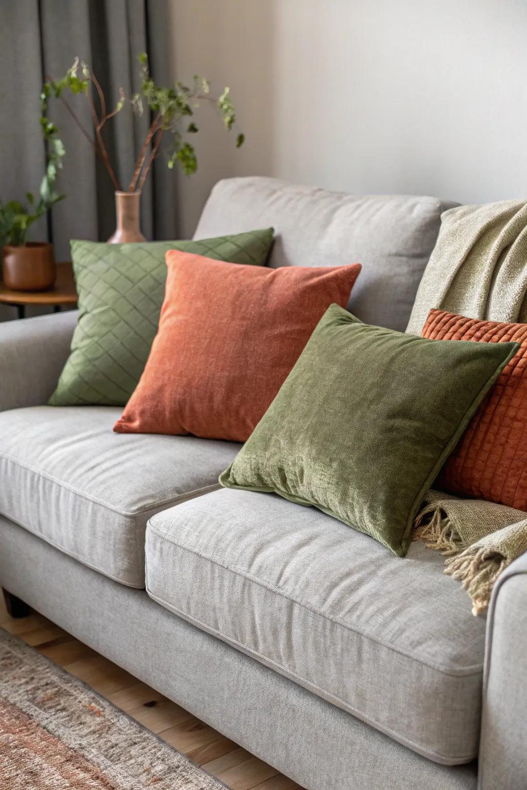 Earthy hues offer a comforting and inviting contrast to grey.