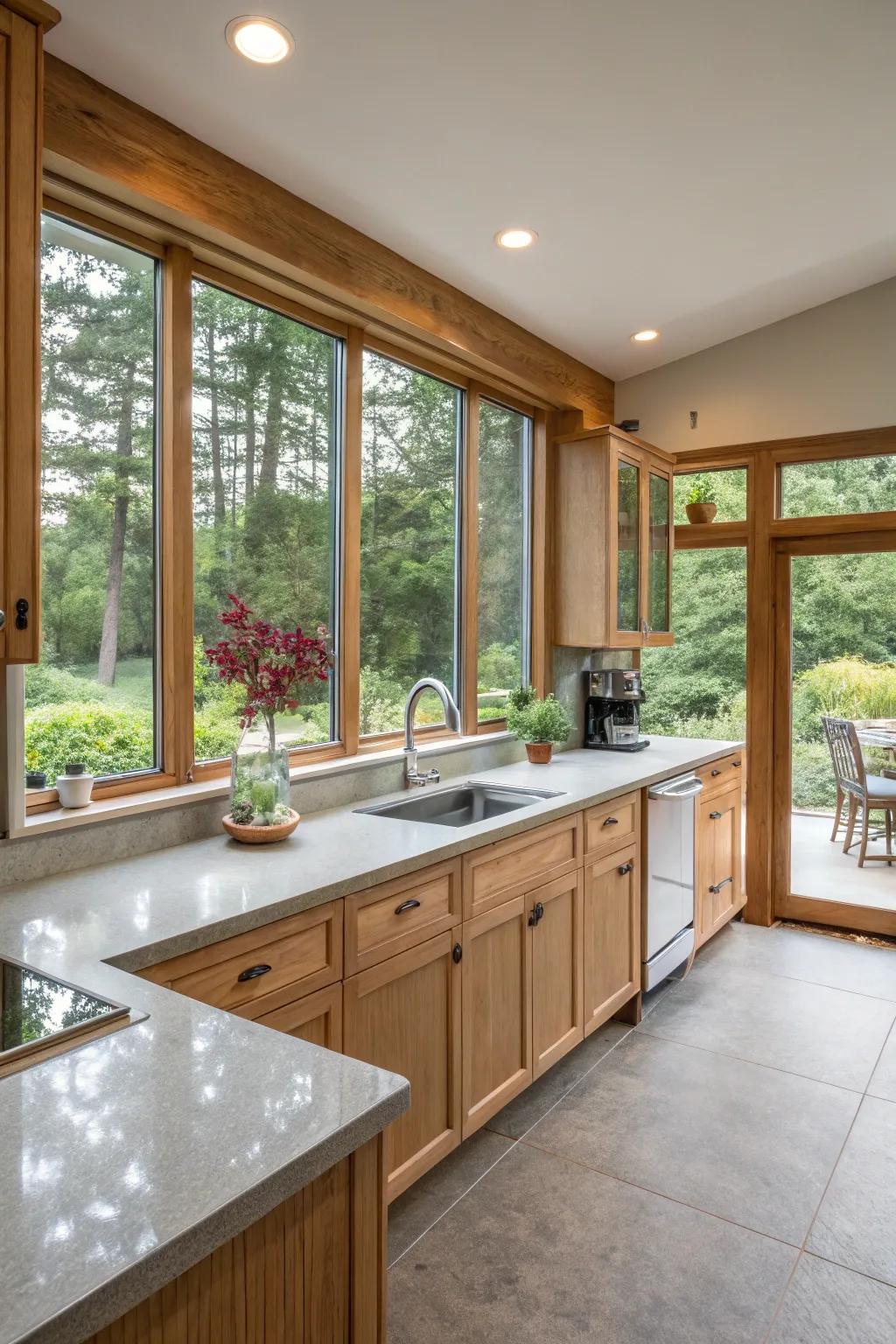 A bright kitchen with pale grey countertops.