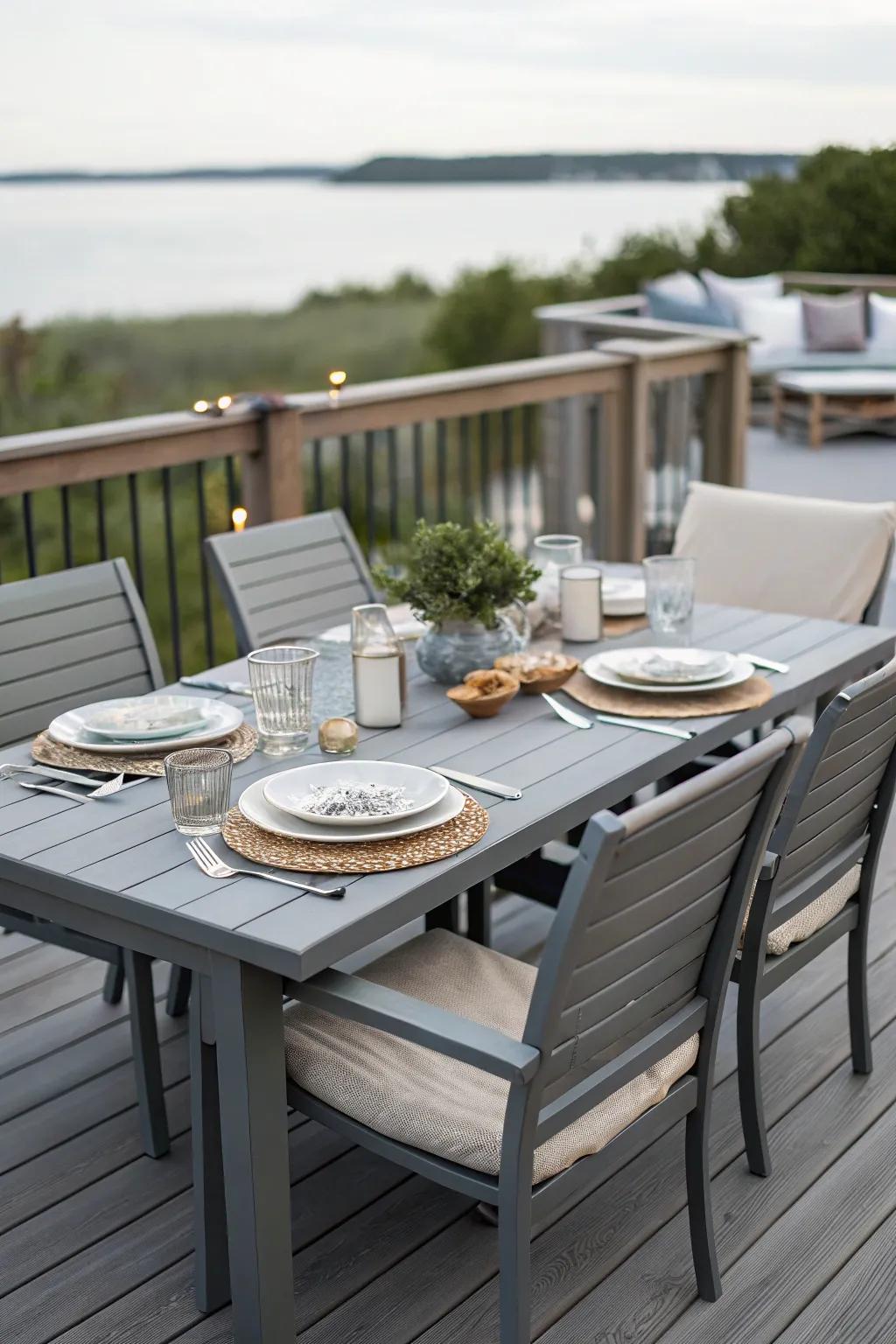 A stylish dining arrangement on a grey patio, perfect for open-air meals.