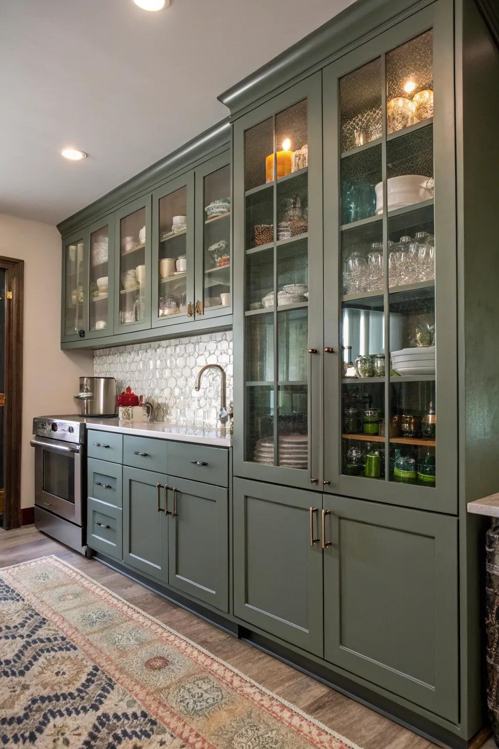 Different materials give the greenish-gray cabinets an eclectic feel.