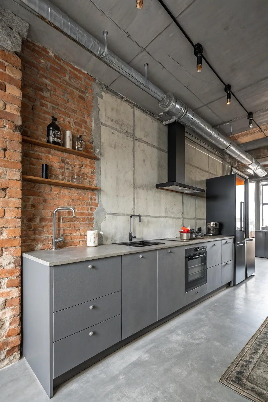 Industrial aspects lend a trendy, metropolitan vibe to a grey kitchen.