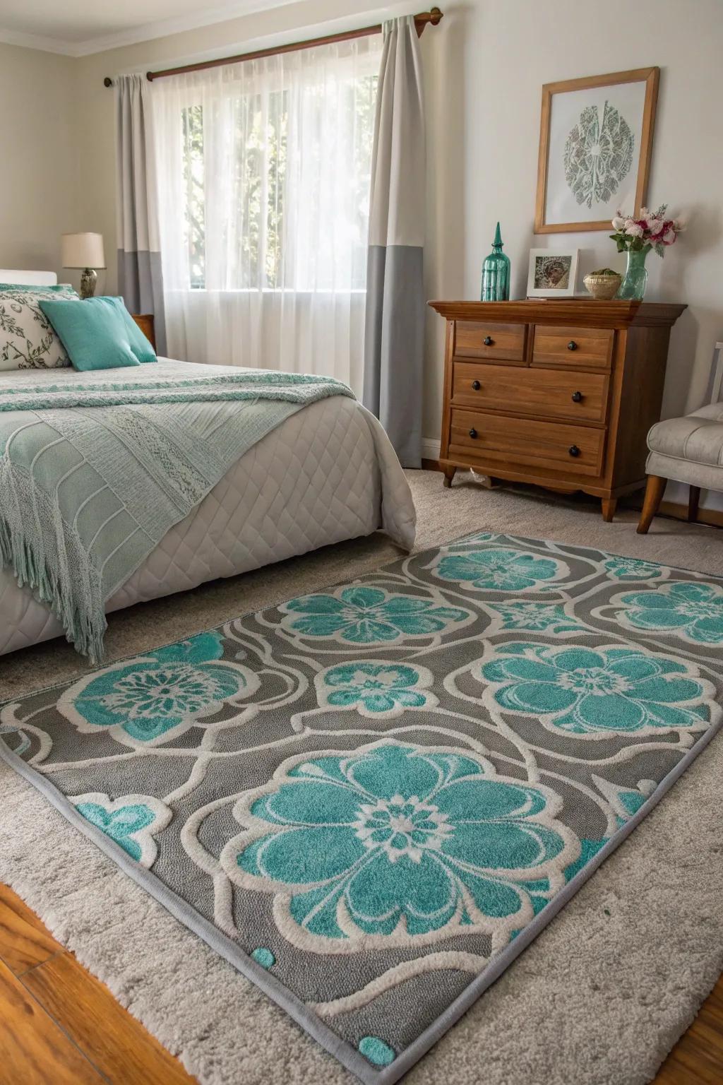 A patterned floor covering anchors the room with its cohesive design.