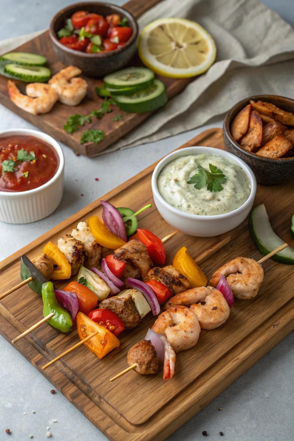 An assortment of skewers paired with dips offers boundless flavor pairings.
