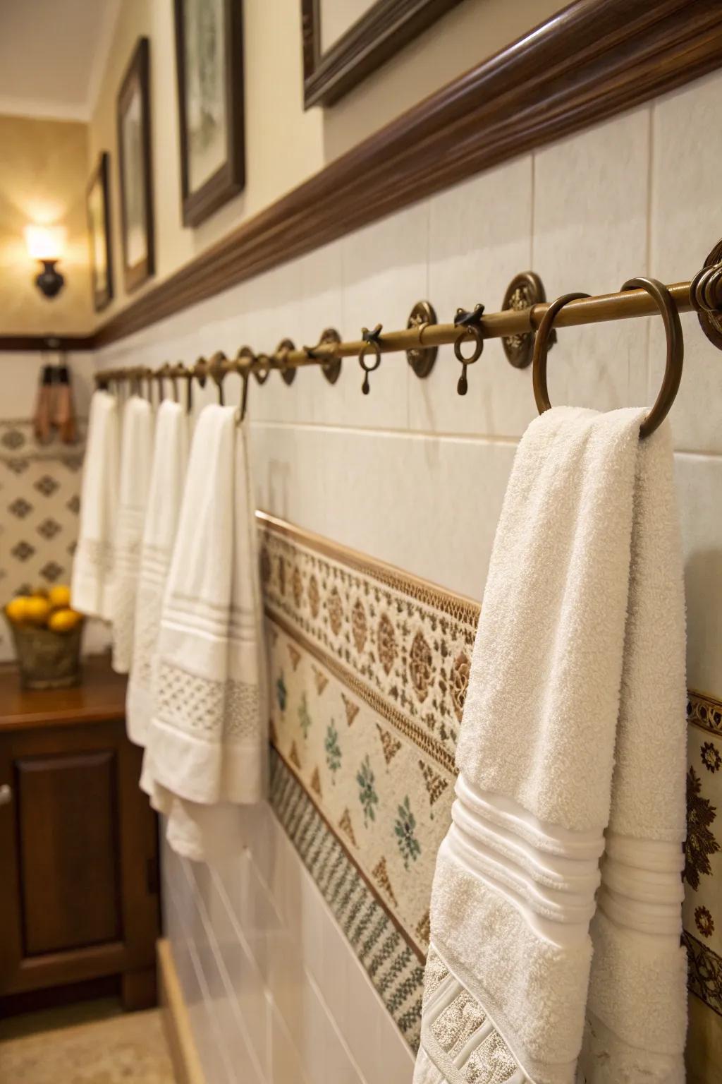 Decorative pegs transform towel exhibits into wall art.