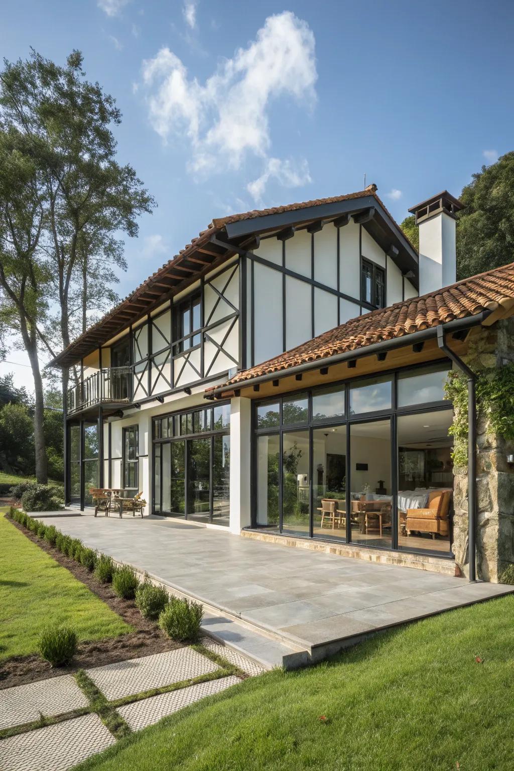 A guest house that harmoniously blends different architectural elements.