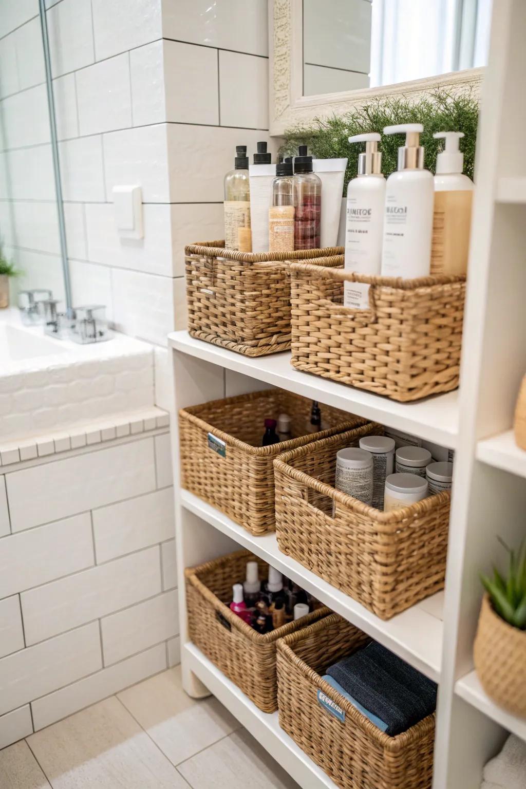 Elegant wickerwork offers cozy and organized storage for hair products.