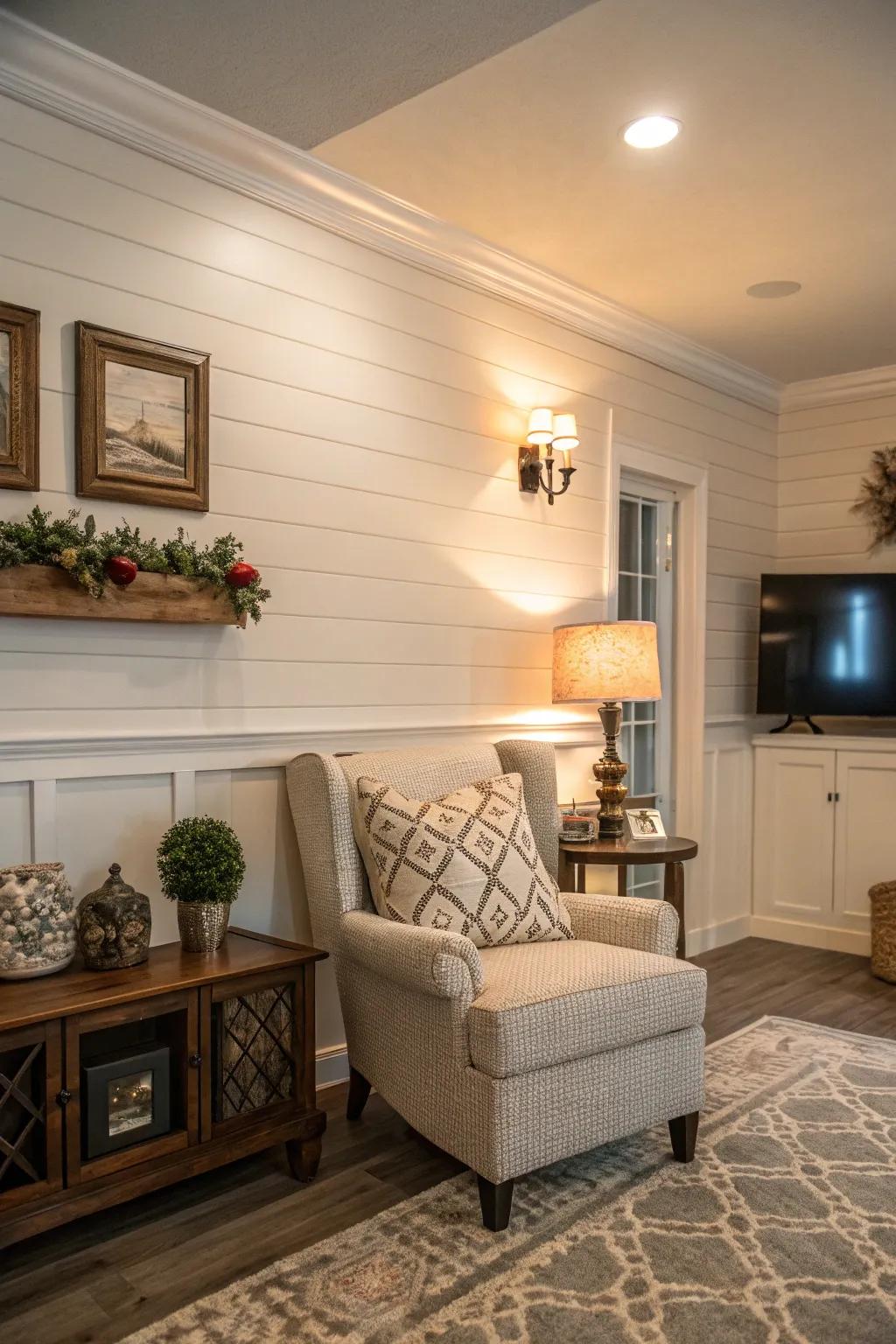 A paneling centerpiece introduces dimension and focus to the living space.