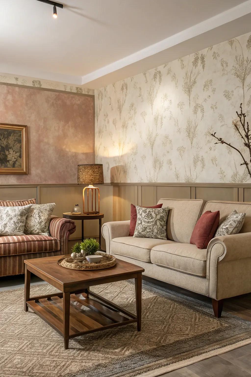 A harmonious lounge where furnishings flawlessly accentuate the halved wallcovering, halved coating blueprint.
