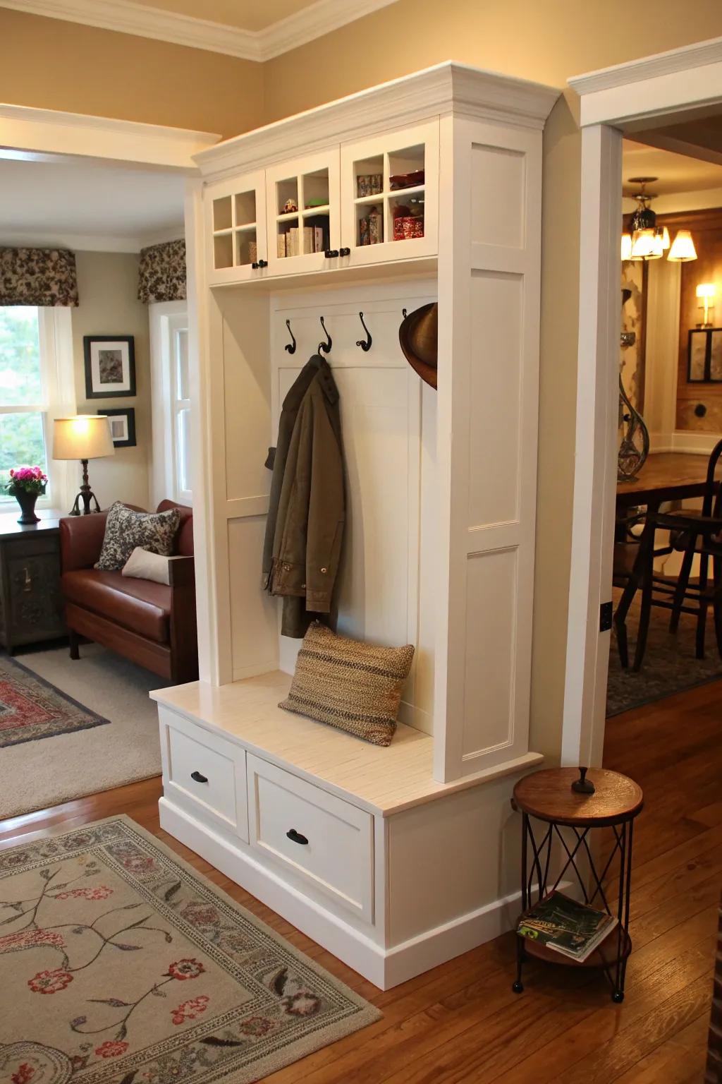 Use every inch with a compact corner hall tree.