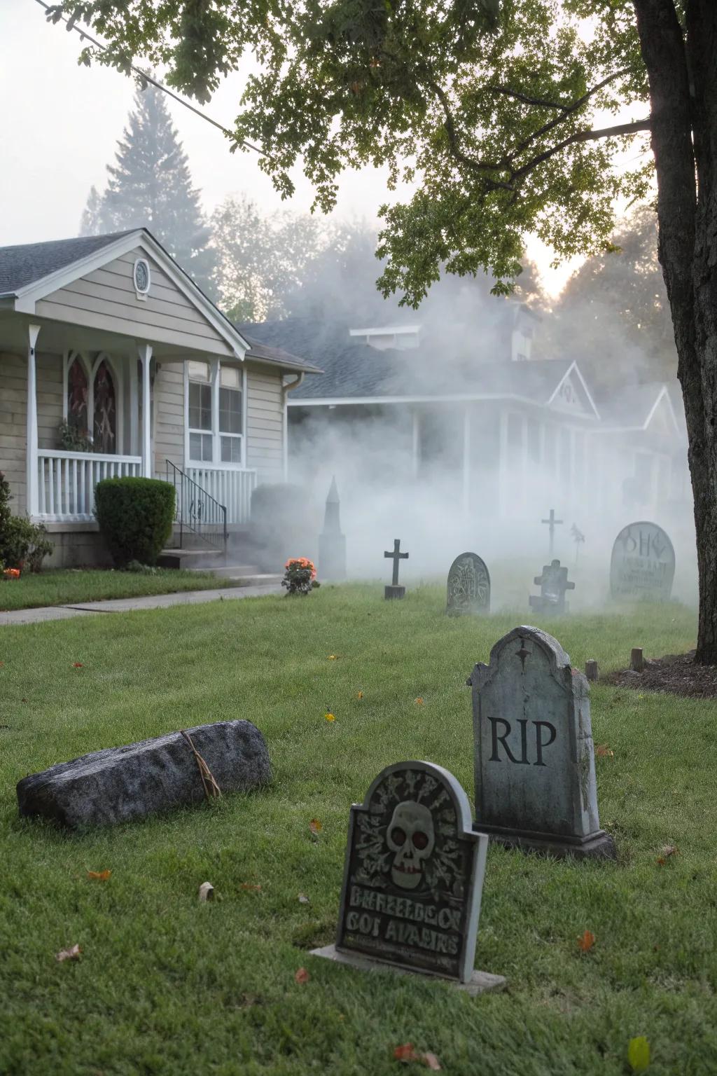 Evoke the essence of Halloween by designing a haunting graveyard scene.