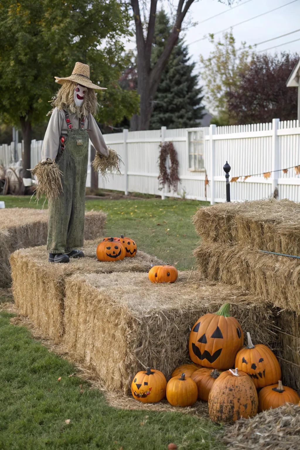 A charming fusion of harvest and Halloween components in the front yard.
