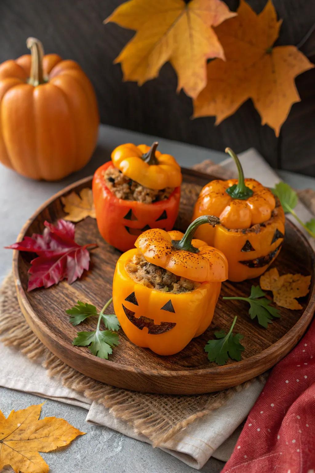 Celebratory carved pumpkin stuffed peppers prepared to serve.