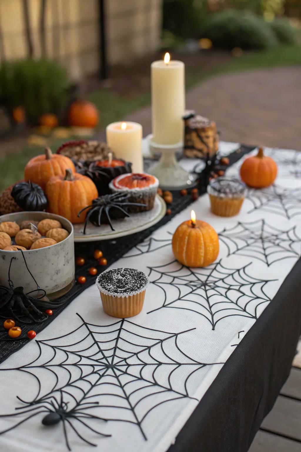 A cobweb runner weaves in an impression of All Hallows' Eve enchantment.