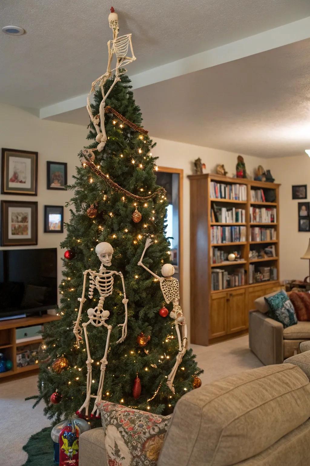 A playful Halloween tree showcasing comical skeletal figures.