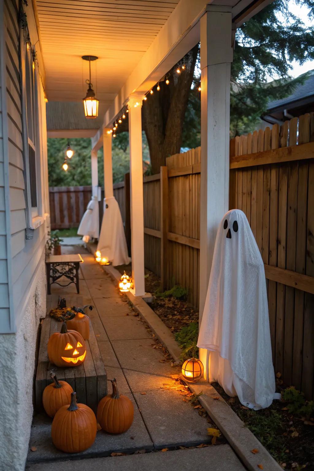 Decorative film embellishments fashion the ideal spooky scene on your porch.