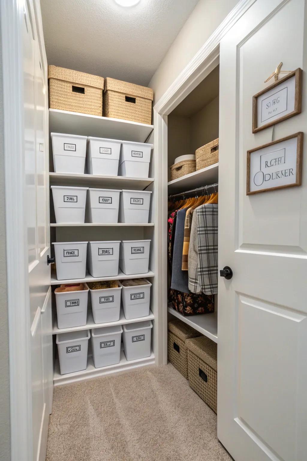Bins and boxes in a hallway closet with marks on them, so it's easy to keep things in order.