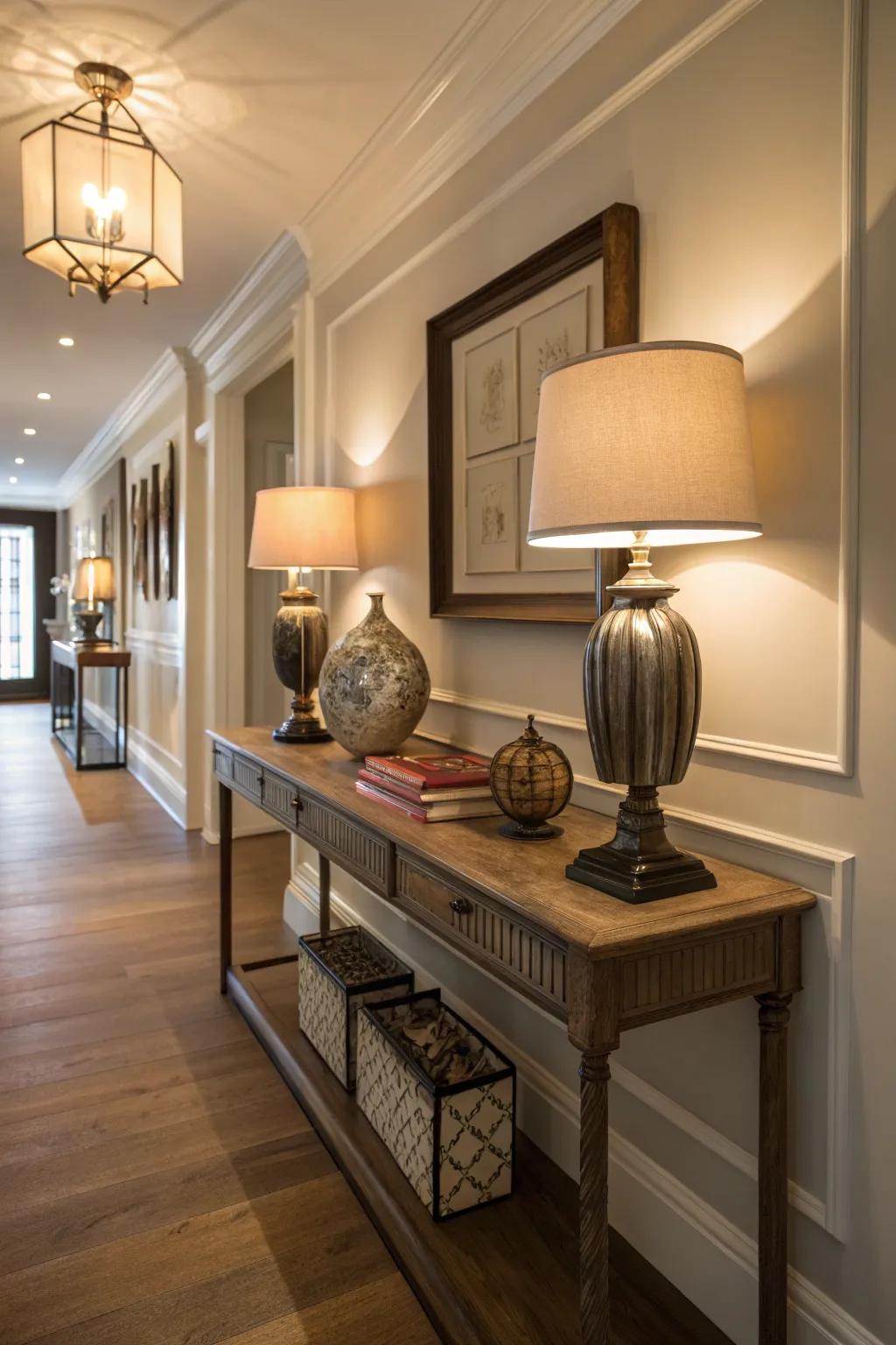 Accent lamps cast a cozy glow in hallway corners.