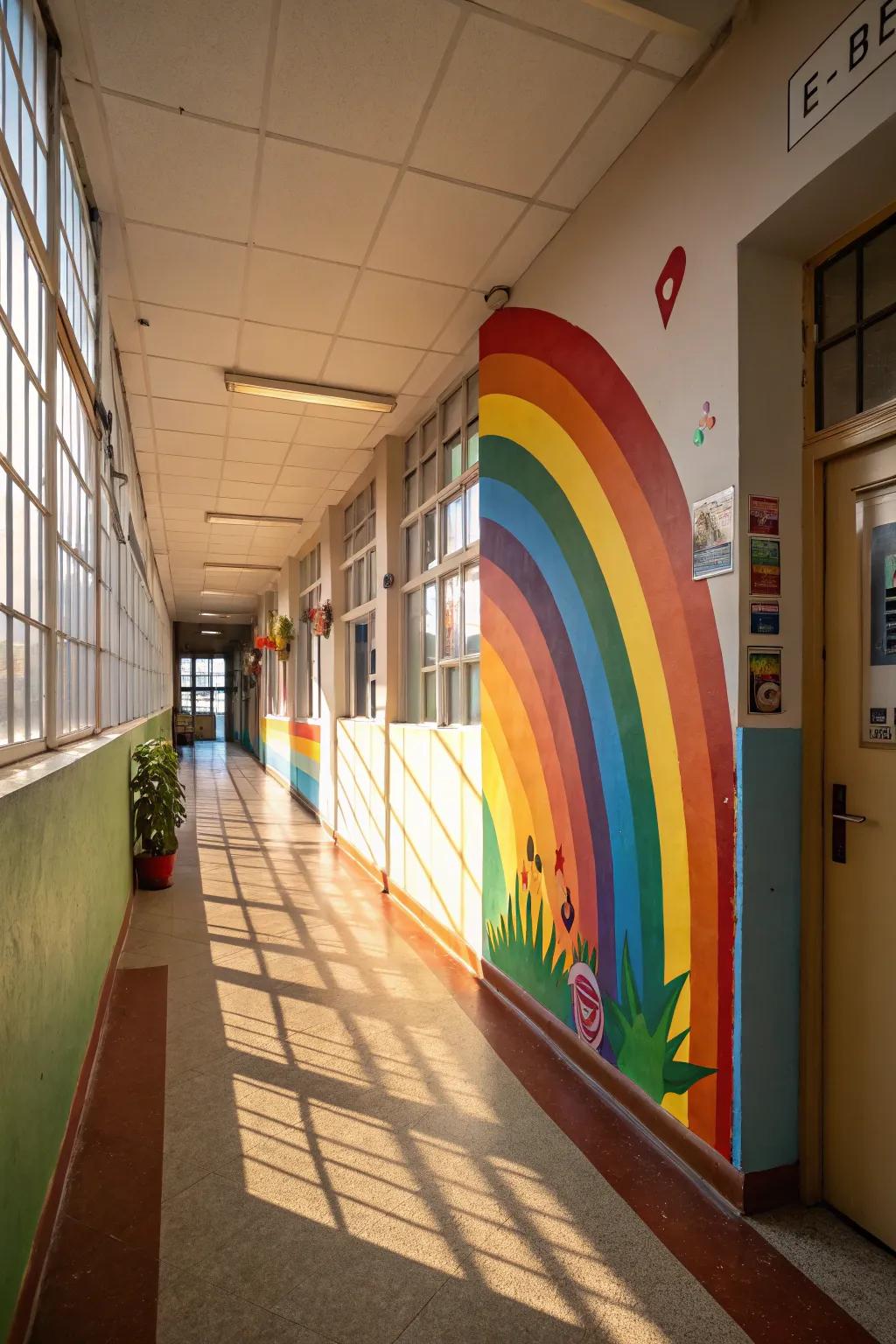 A rainbow mural bestows cheer and warmth upon this hallway.