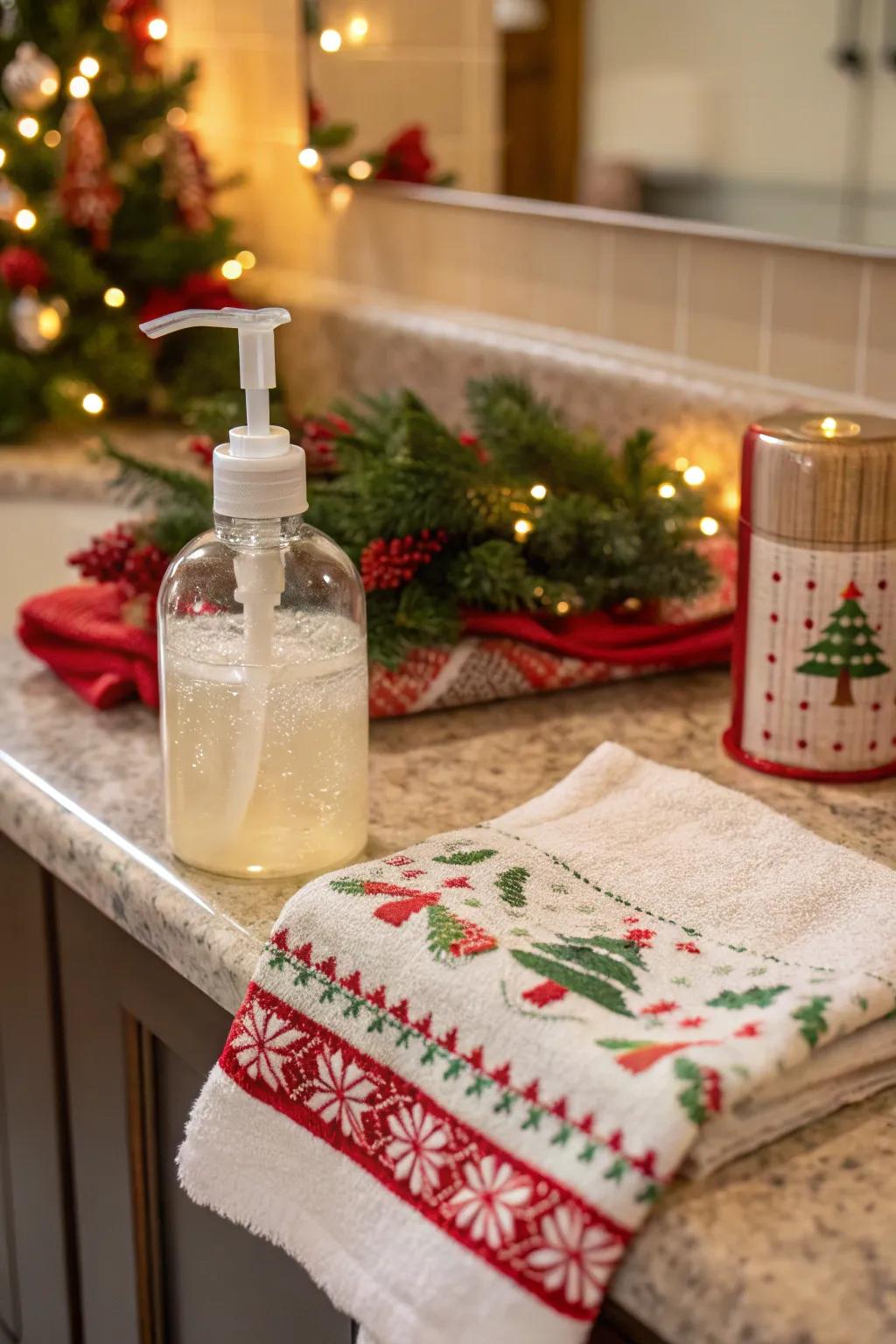 A merry combination of hand cleanser and a holiday napkin