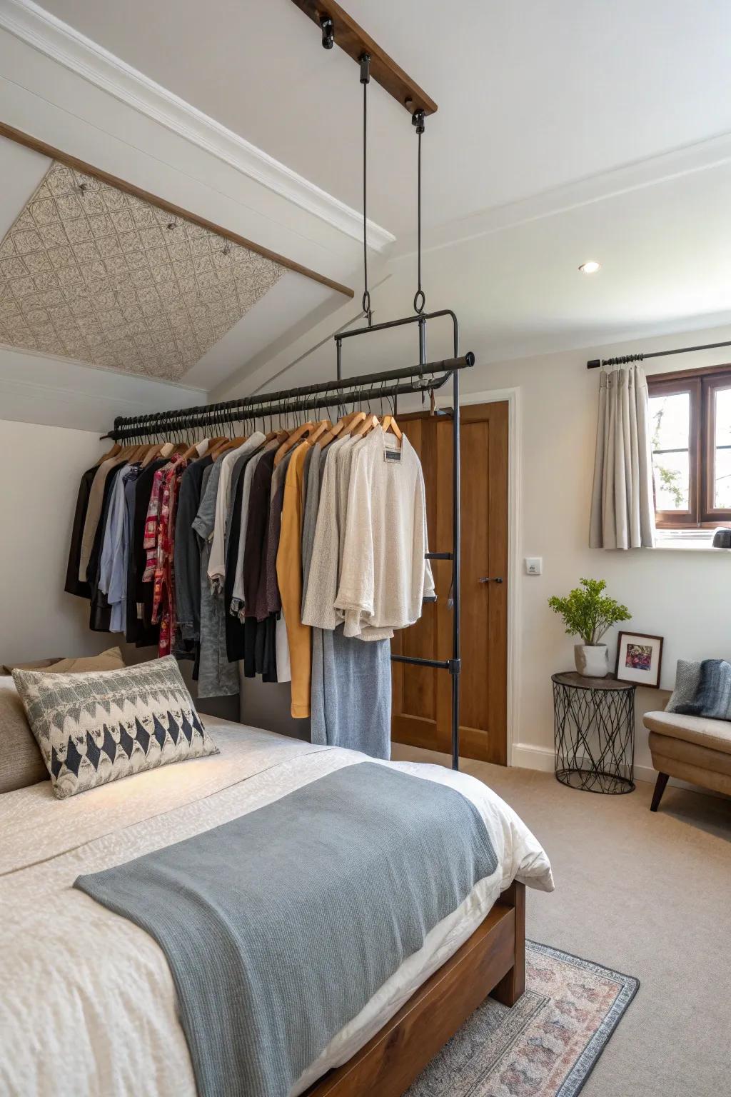 Enhance your wardrobe through a clothing rack suspended from the roof.