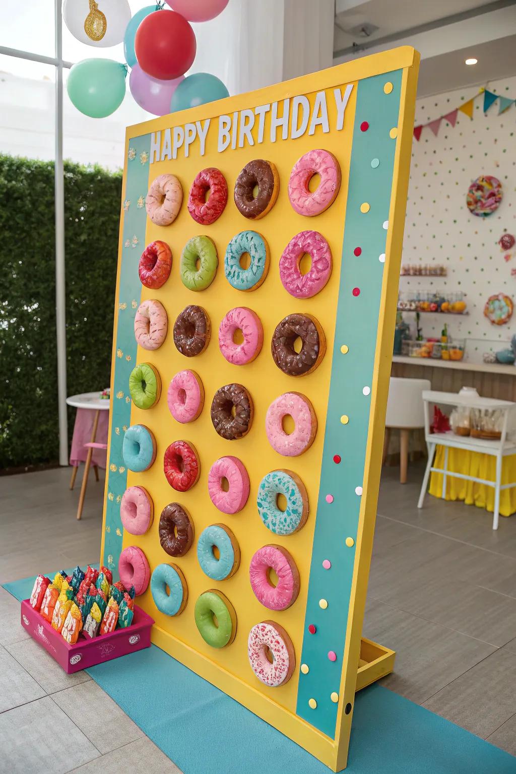 A playful donut-themed birthday display that appears palatable.