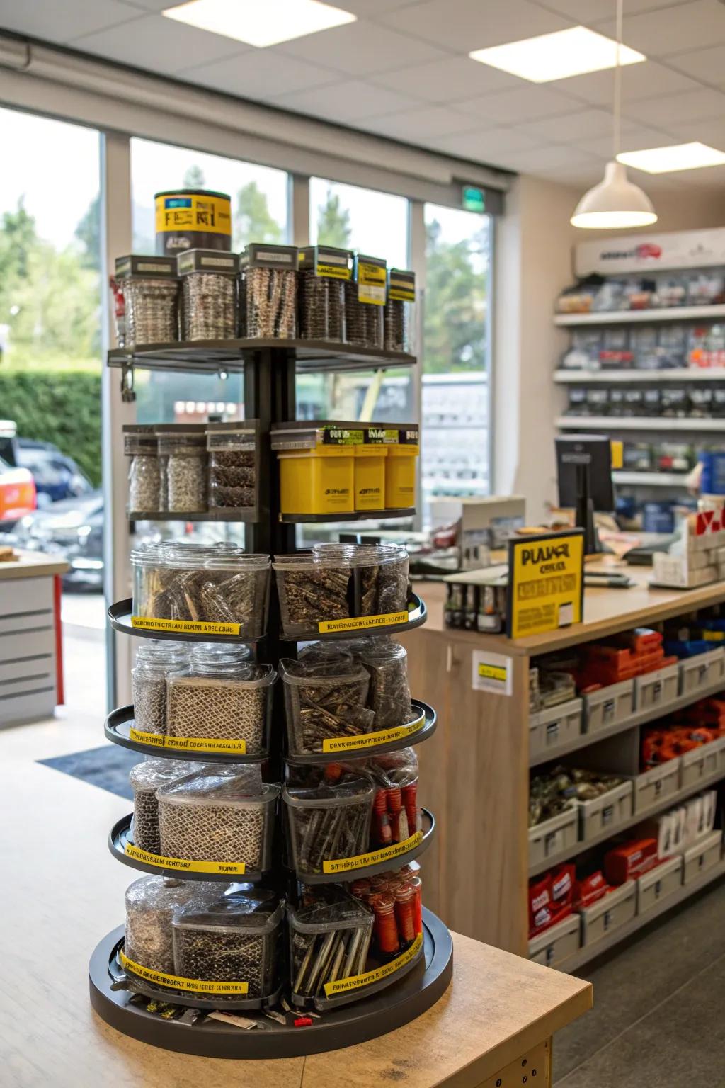 Spinning racks containing a multitude of tools and smaller items.