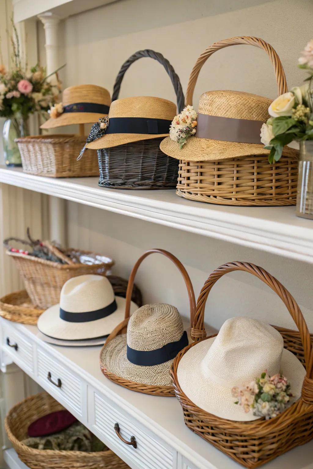 Hats kept in decorative buckets.