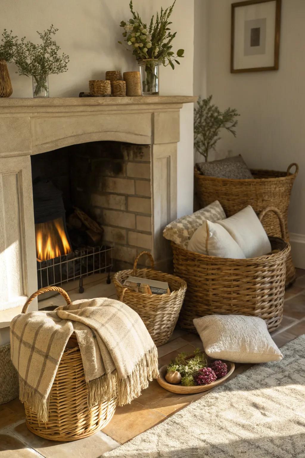 Textures and overlapping cultivate a welcoming fireside area.