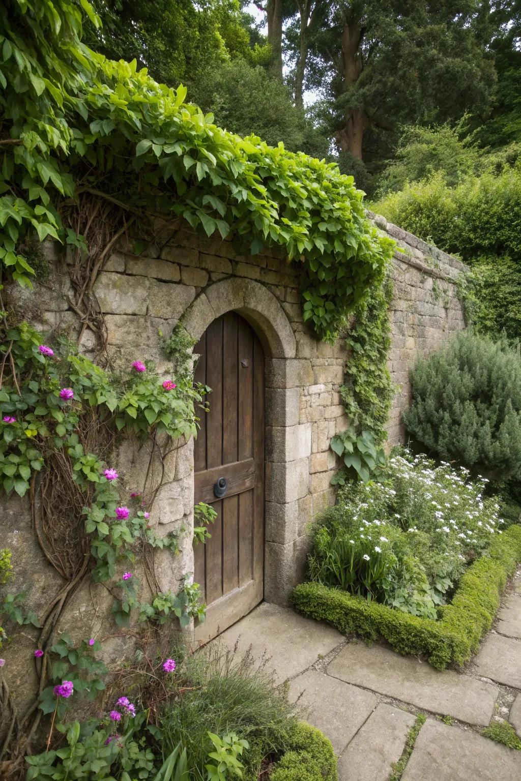 A concealed entrance cleverly integrated into a garden partition.