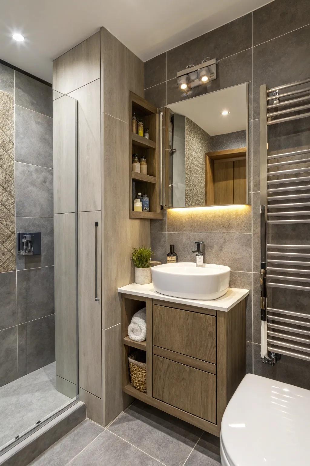 An alcove in the wall generating space for a hidden cabinet.