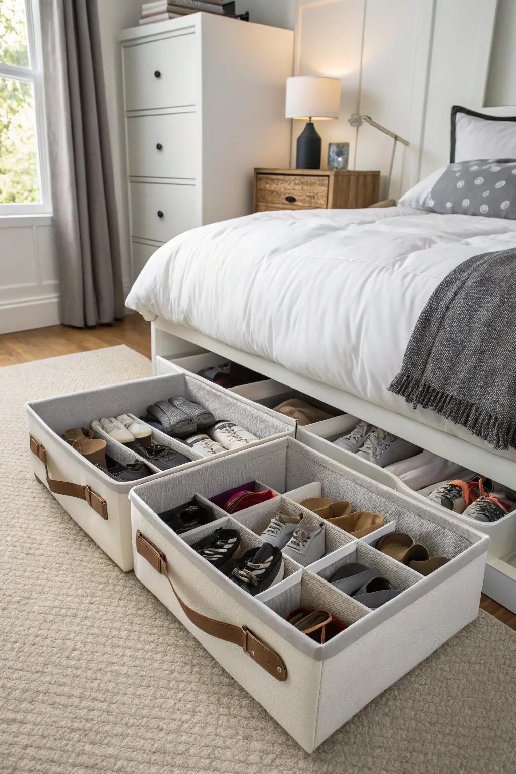 Under-the-bed storage organizes and conceals shoes.