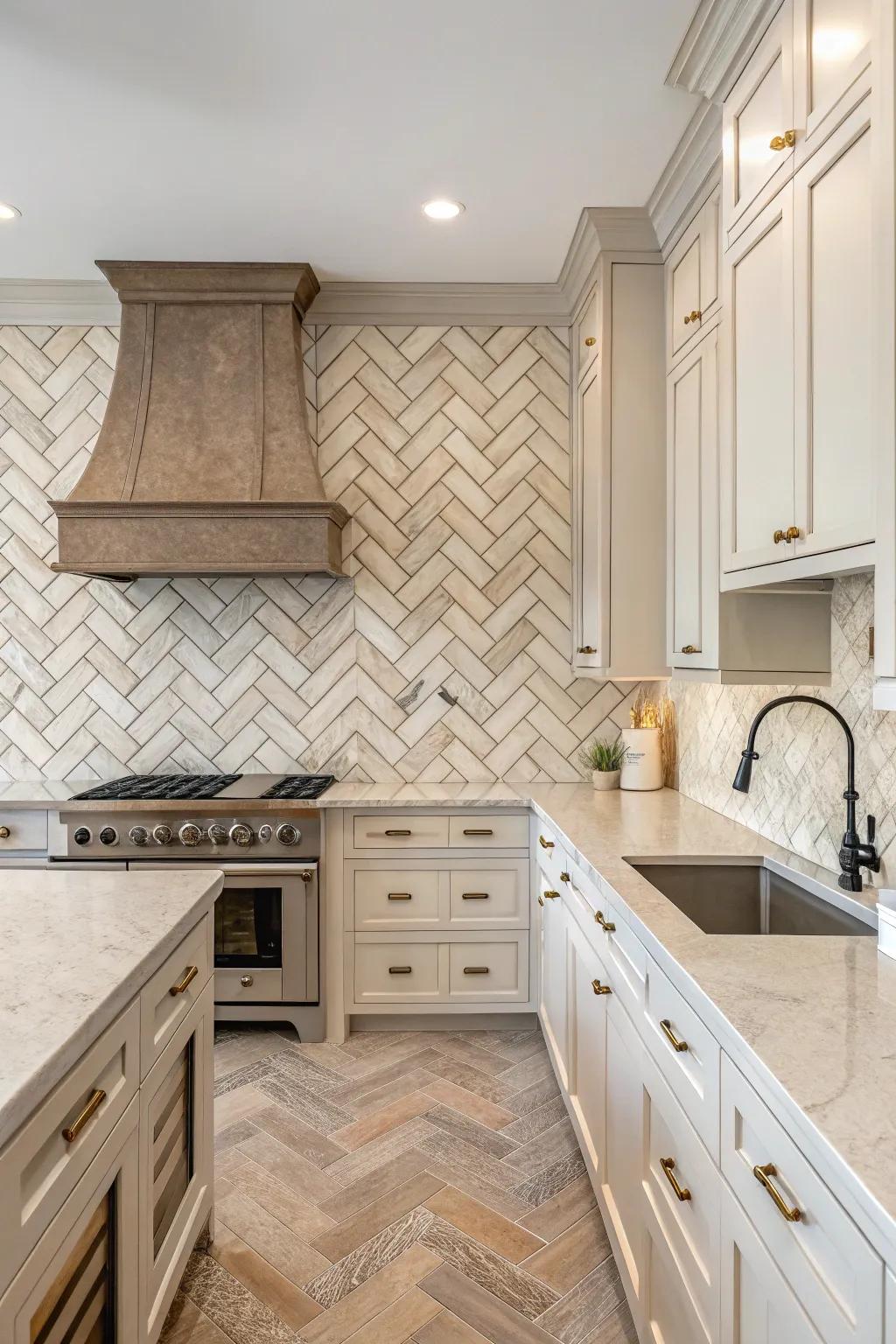 Herringbone arrangement adds an elegant, dynamic feel.
